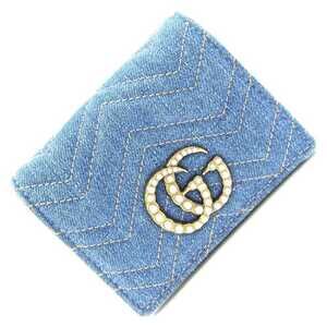 Gucci GG Marmont Bi fold Wallet Blue Denim Leather Compact Quilted